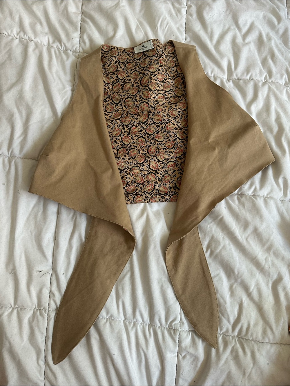 Etro Reversible tie-Front Vest. Floral Paisley Lining khaki beige color S M L